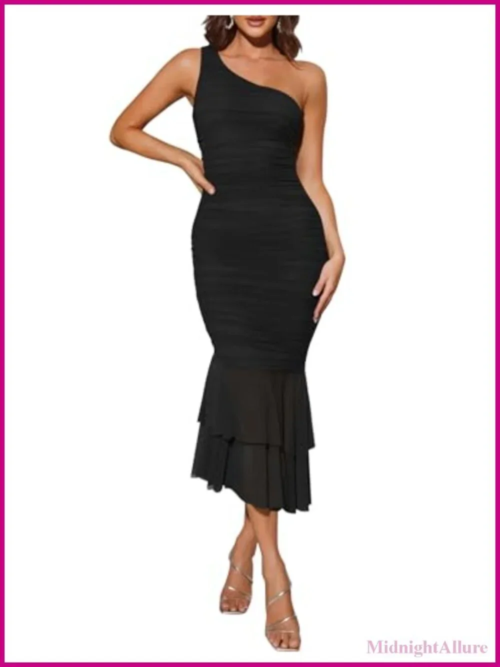 Sleeveless One Shoulder Bodycon Midi Dress Mesh Ruched Ruffled